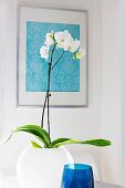 weiße Orchidee in Kugelvase vor Wand mit gerahmtem Stoffmuster