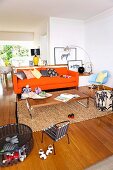 Open living room with a colorful mix of styles