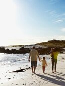 Family with two young children walking on beach