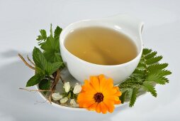 A cup of herbal tea with marigold, dead-nettle, lemon balm, silverweed, peppermint and valerian root