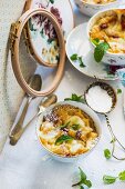 Bread pudding with apples and raisins