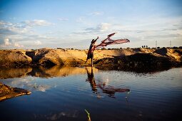 Young Man Tossing Fishing Net into Small Pond, Asia