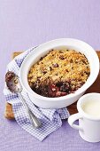 A rhubarb, cherry and chocolate crumble