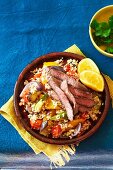 Stir-fried vegetables with quinoa and lamb