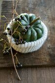 An ornamental pumpkin in a knitted cover with a sprig of aronia berries