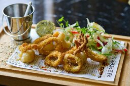 Fried squid rings with a mixed leaf salad