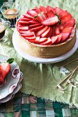 A strawberry mousse cake and coffee