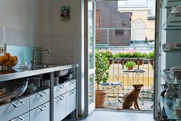 Kitchen with open doors leading to balcony; dog sitting in front of balustrade with window boxes