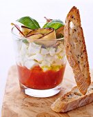 Verrine with tomato sauce and cream cheese served with slices of crispy bread
