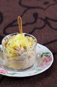 A dessert made with spaghetti squash, pear, vanilla and carob bean gum