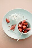 Strawberry and rhubarb ragout with coconut panna cotta