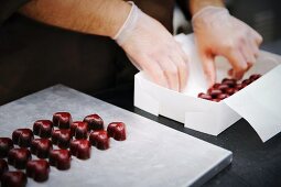 Heart-shaped chocolate pralines being packed in a box (industrial)
