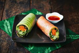 Rice paper rolls with cucumber and salmon (Japan)