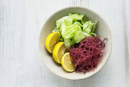 A bowl of iceberg lettuce, red seaweed and yuzu slices