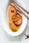 Steamed salmon with soy sauce and yuzu