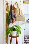 Geschirrtücher und Küchenutensilien an Wandhaken über Blumenständer mit Zimmerpflanze