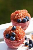 Blueberry granita with fresh blueberries in pink glasses