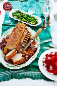 Crispy crackling pork with sticky bourbon apples