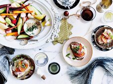 Roasted Heirloom vegetables with dip & sandwiches with peach relish