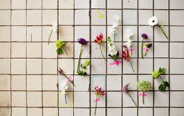 Summer flowers stuck to tiled wall with washi tape