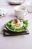 Potato salad with quail's eggs and tufted pansies