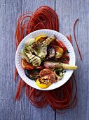 Grilled vegetables on raw beetroot pasta