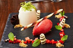 Strawberry sorbet with panna cotta