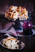 Hot cross buns with blackberry jam