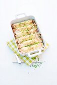 Tortilla bake with Leberkäse (beef and pork meatloaf), sauerkraut and chives