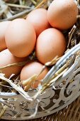 Brown eggs in a white metal basket filled with straw
