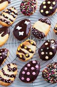 Cheerful Easter biscuits decorated with dark chocolate