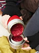 Beetroot soup in a Thermos flask for an autumnal picnic