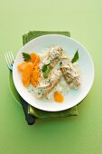Turkey roulade with cream cheese, carrots and mashed potatoes