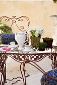 Tea service and potted plants on metal table with glass top