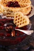 Waffles with cherry compote