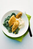 Breaded fish fillets with spinach and mashed potatoes