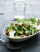 Brussels sprouts salad with chicken and avocado