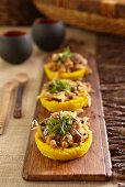 Beef stew in cornflour baskets with turmeric