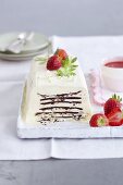 Woodruff parfait with chocolate layers and strawberries