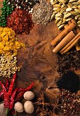 Assorted spices on wooden board