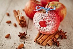 Roter Apfel mit angebissenem Apfel als Muster und Gewürze auf Holztisch