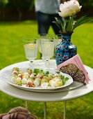 Melon and mozzarella skewers for a croquet garden party