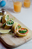 Omelette rolls with smoked salmon