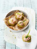 Avocado rolls with a spicy prawn mousse