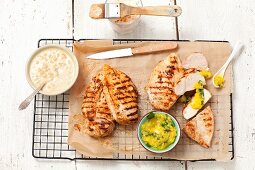 Grilled chicken breast with mango sauce and peanut sauce