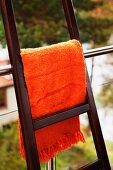 Orange blanket hung over ladder leaning against balustrade