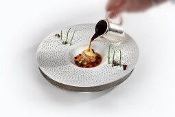 Grayling tartar with wasabi bubbles and shiitake mushroom essence