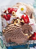 Chocolate ice cream with raspberries and nuts