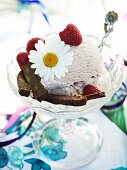 Vanilleeis mit Himbeeren, Schokolade und Margeritenblüte