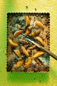 Chocolate crumble cake with peaches